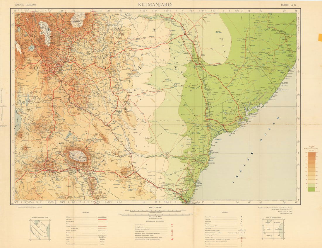 Kilimanjaro Safari map. Arusha Amboseli Tsavo Nairobi Mount Kenya Tanzania 1952: [3-4] South A37 - Kilimanjaro. Department of Surveys & Town Planning, Dar-es-Salaam, Tanganyika. Published Compiled 1941. Revised edition January 1951. Reprinted 1952. Vintage colour survey map. Size