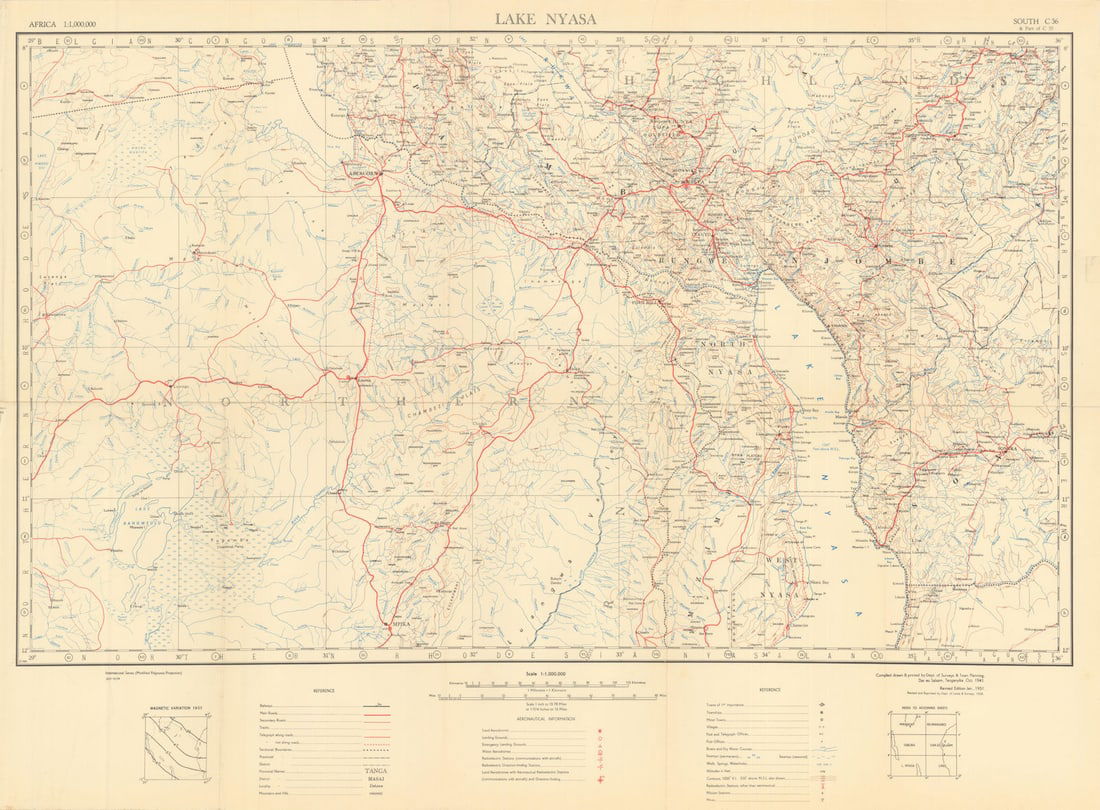 Lake Nyasa Safari map. Nyika Bangwuelu Kipengere. Tanzania Zambia Malawi 1958: [9-10] South C36 - Lake Nyasa. Department of Surveys & Town Planning, Dar-es-Salaam, Tanganyika. Published 1958 - Compiled 1941. Revised edition January 1951. Reprinted 1958 [Print code 200-10/58].