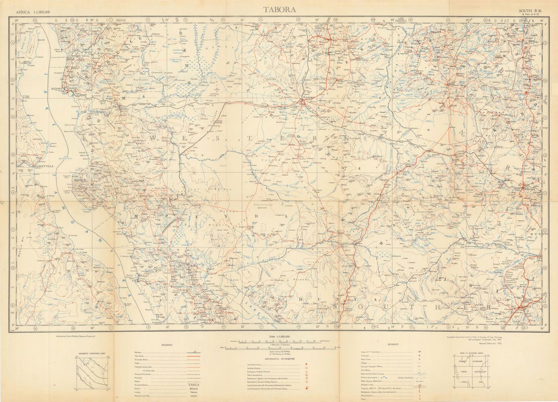 Tabora Safari map. Ugalla Mahale Mountains Rukwa Rungwa Katavi. Tanzania 1951: [5-6] South B36 - Tabora. Department of Surveys & Town Planning, Dar-es-Salaam, Tanganyika. Published Compiled 1941. Revised edition January 1951. Vintage colour survey map. Size 59 x 87 cm | 23.0 x 3