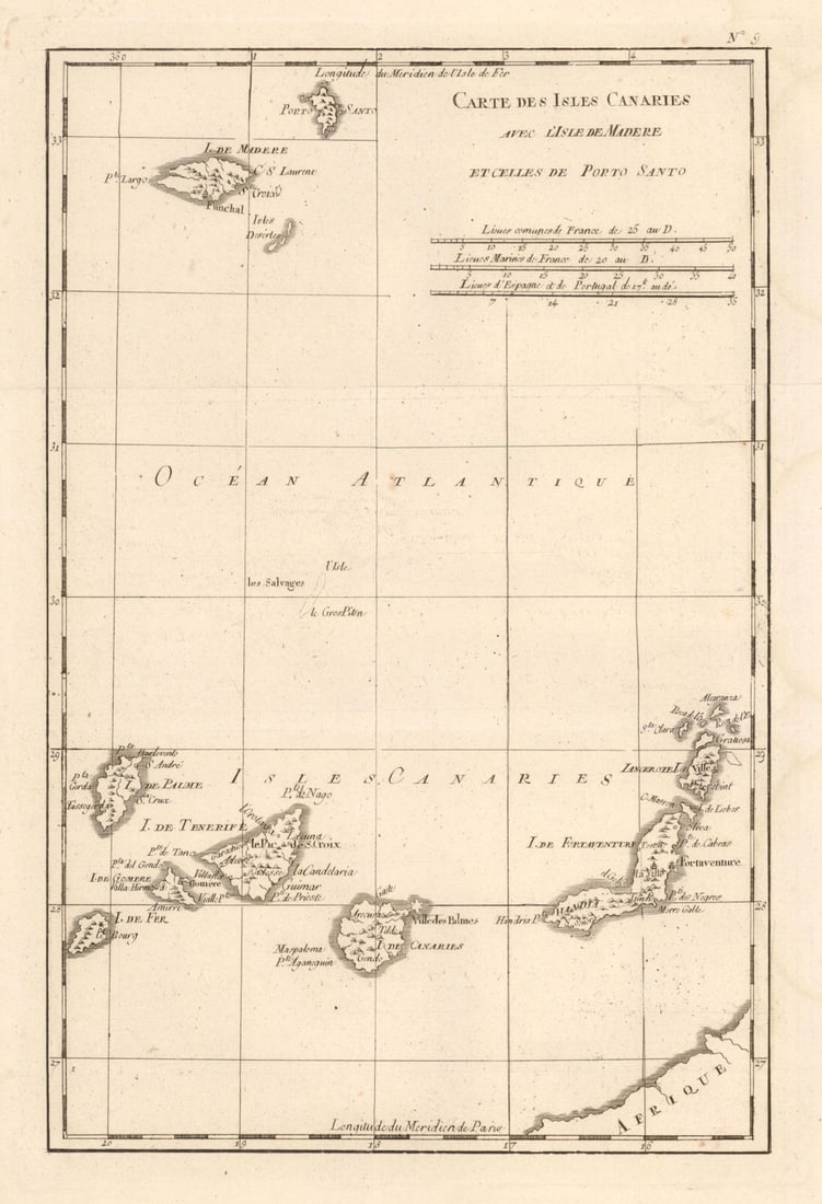 Carte des Isles Canaries avec L'Isle de Madere et…Porto Santo'. BONNE c1787 map: Carte des Isles Canaries avec l'Isle de Madere et celles de Porto Santo'. A map of the Canary Islands, Madeira & Porto Santo by Bonne, Rigobert. Published c1787. 18th century copperplate antique m
