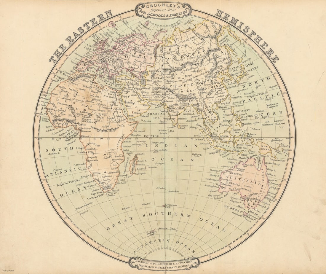 The Eastern Hemisphere. Eurasia & Africa. Antique map by George Cruchley 1843: The Eastern Hemisphere' by Cruchley, George Frederick. Published 1843 - Engraved 1 July 1841 (this date is printed on the map). Published 1843. Antique hand coloured map. Size 37 x 50 cm | 14.5 x 19.5