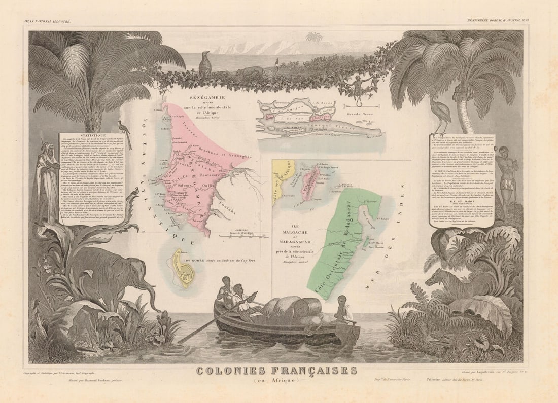 COLONIES FRANÇAISES en AFRIQUE. Africa Sénégal Madagascar. LEVASSEUR c1850 map: Colonies Françaises (en Afrique)'. A decorative map of French Colonies in Africa including Senegambia and Madagascar, Ile de Gorée and Ile St Louis . Victor Levasseur. Illustré par Raim
