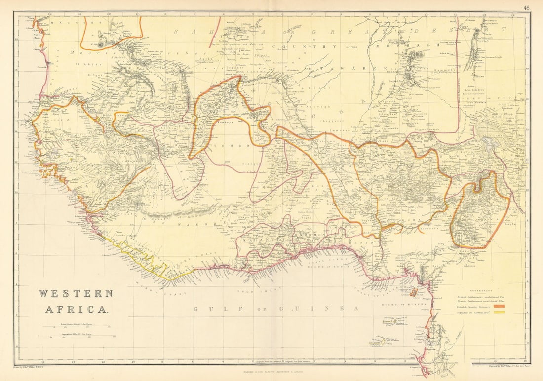 EARLY COLONIAL WEST AFRICA. Empires of Sokoto Gando Mas.Tribes.Fellatah 1886 map: Western Africa'. Engraved by Edwd. Weller, 34, Red Lion Square; drawn by Edwd. Weller F.R.G.S. Published 1886. Antique colour map. Size 36 x 51 cm | 14.0 x 20.0 inches. Condition: Good; suitable for f