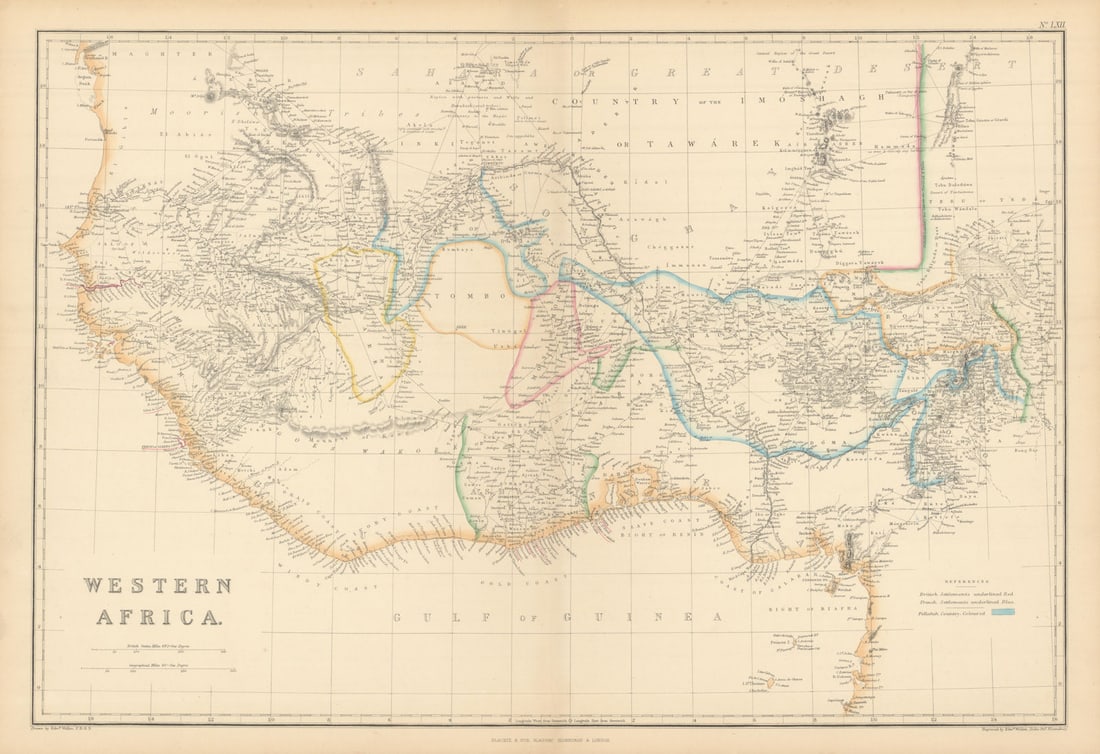 Western Africa by Edward Weller. Early British/French settlements 1859 old map: Western Africa [including Senegambia, Sierra Leone, Bambarra, Ashantee, Dahomey, Sokoto, Bornou, &c.,] by Weller, Edward. Published 1859. Antique engraved atlas map with original hand colour/color