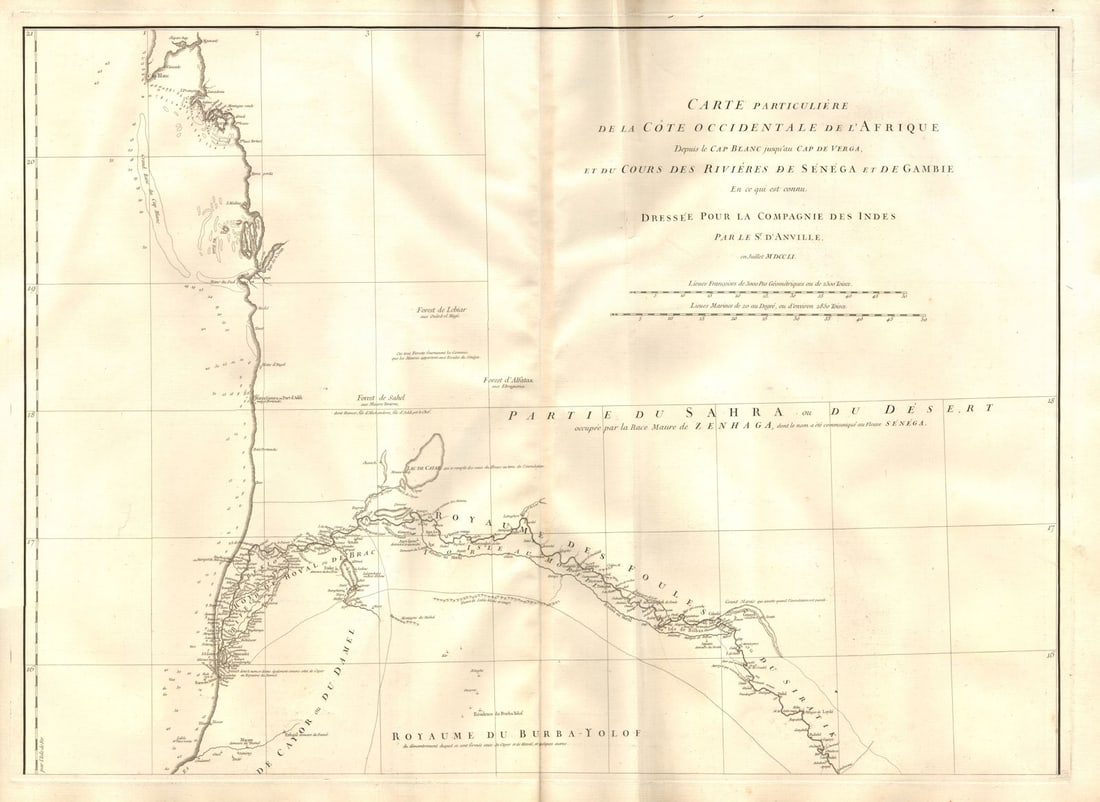 Côte occidentale de l'Afrique. W Africa.Senegal Gambia rivers.D’ANVILLE 1751 map: Carte particulière de la Côte occidentale de l'Afrique depuis Cap Blanc jusqu'au Cap de Verga et du cours des rivières de Sénéga et de Gambie [Map of the West Coast of Africa