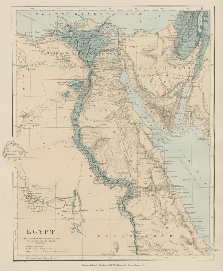 Egypt. Nile valley Sinai Red Sea Gulf of Aqaba Sharm el-Sheik. STANFORD 1896 map: Egypt'. Stanford's Geographical Establishment. Published 1896. Large (folio) antique atlas map. Size 41 x 34 cm | 16.0 x 13.5 inches. Condition: Good; suitable for framing. Please check the scan for a