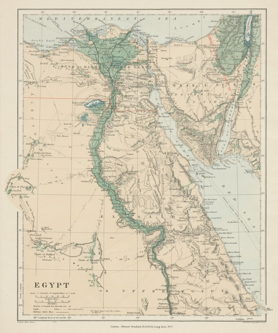 Egypt. Nile valley Sinai Red Sea Gulf of Aqaba Sharm el-Sheik. STANFORD 1904 map: Egypt'. Stanford's Geographical Establishment. Published 1904. Large (folio) antique atlas map. Size 42 x 35 cm | 16.5 x 13.5 inches. Condition: Good; suitable for framing. Please check the scan for a