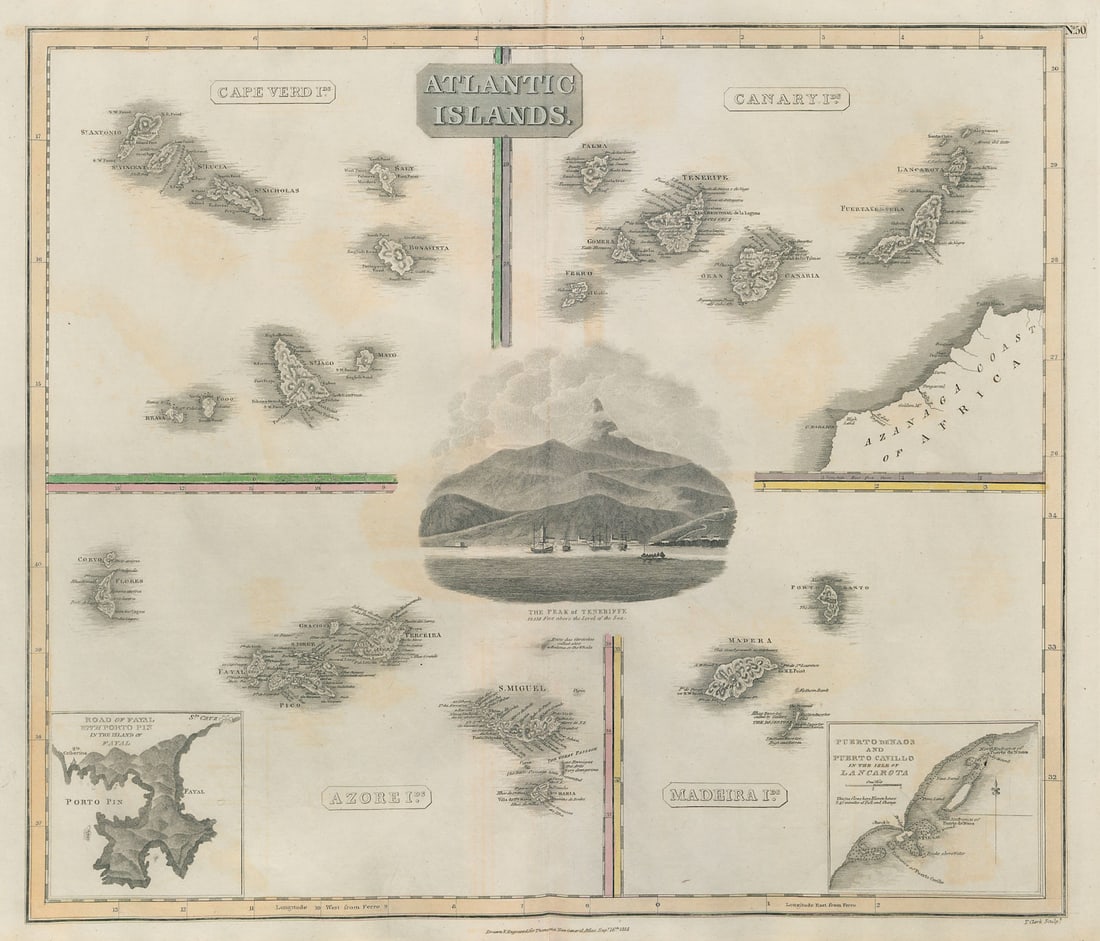 Atlantic Islands. Canaries Madeira Azores Canaries. Tenerife. THOMSON 1817 map: Atlantic Islands. Cape Verde Ids. Canary Ids. Madeira Ids. Azore Ids. Road of Fayal with Porto Pin in the island of Fayal. Puerto de Naos and Puerto Cavillo in the isle of Lancarota'. A large, decorat
