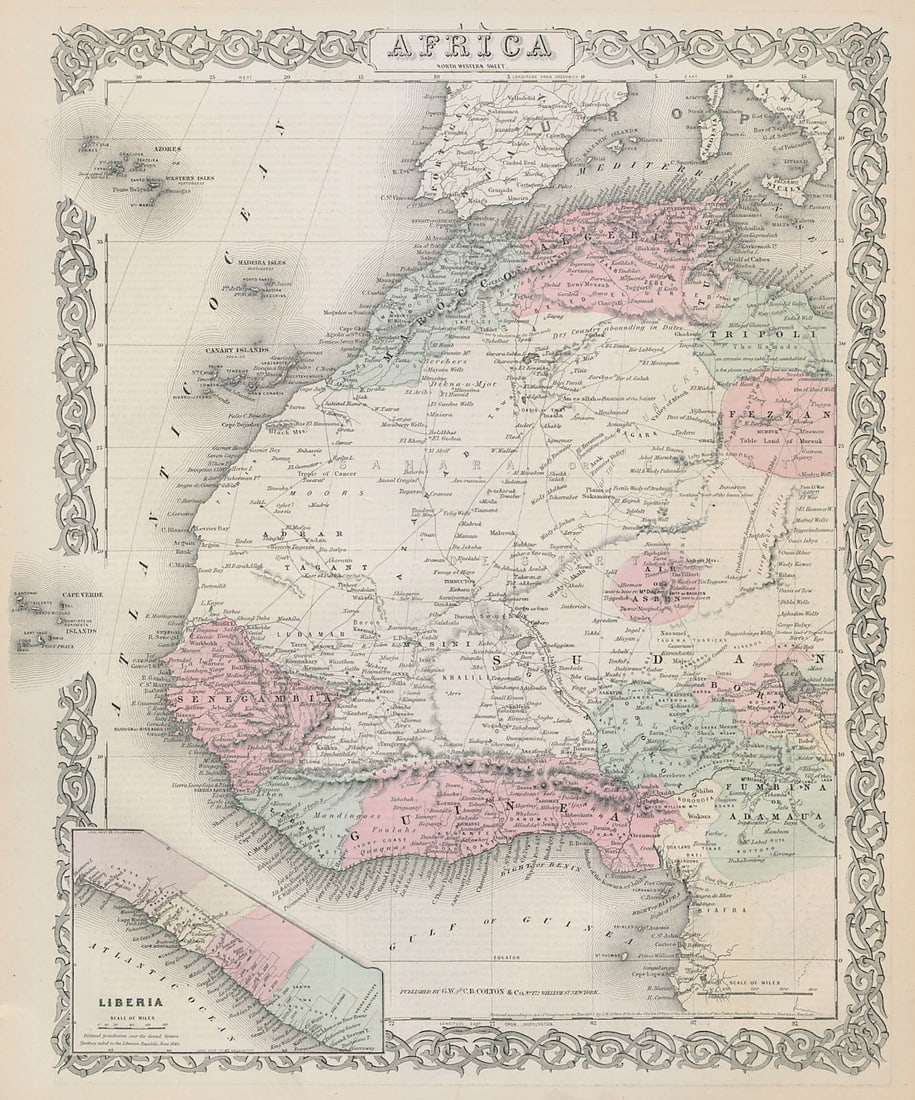 West Africa. Liberia Sahara Senegambia Guinea. Mountains of Kong COLTON 1869 map: Africa - north western sheet - Liberia' by Colton, Joseph Hutchins. Published 1869. Antique engraved hand coloured atlas map. Size 42 x 35 cm | 16.5 x 14.0 inches. Condition: Good; suitable for framin