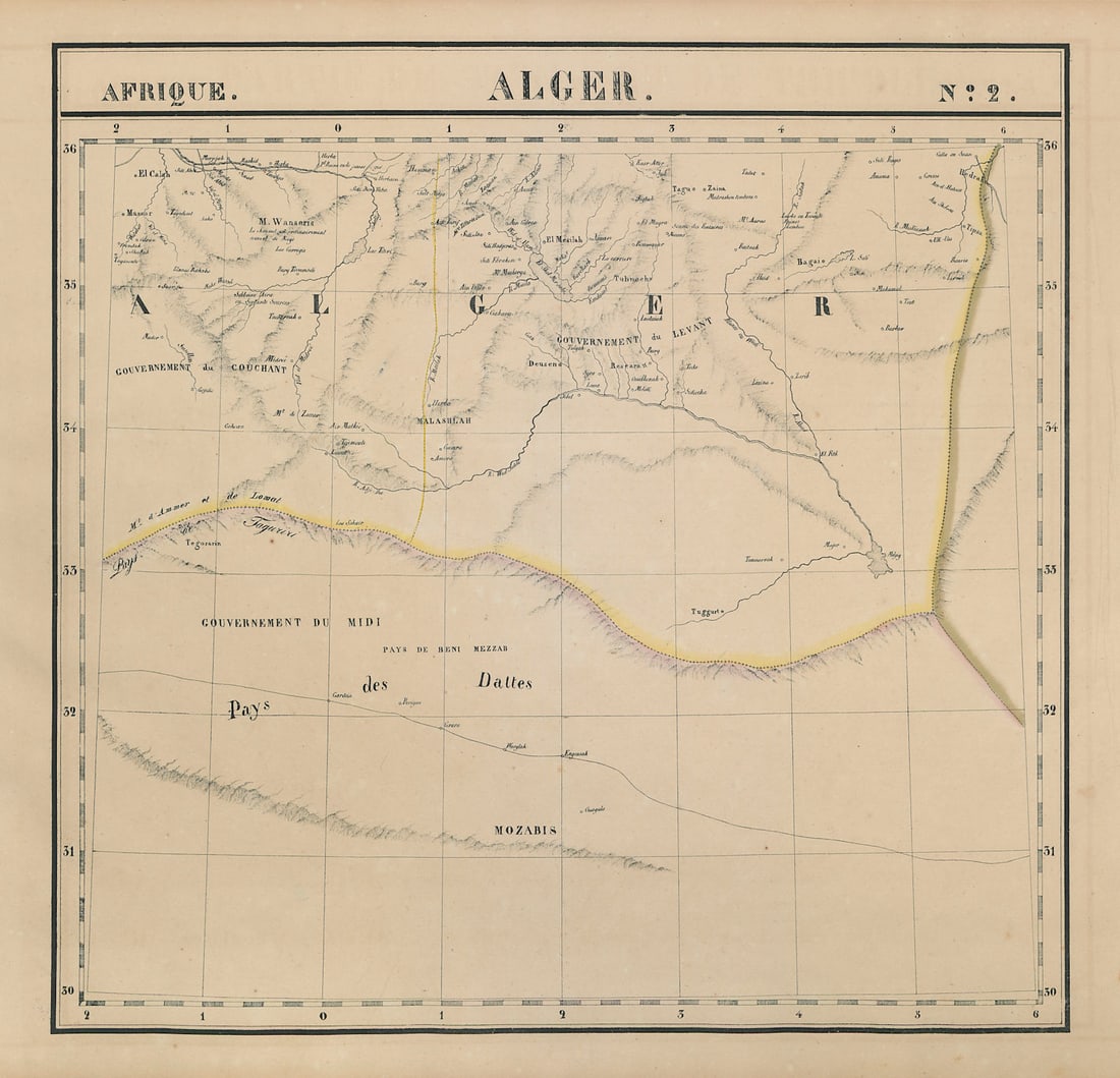 Afrique. Alger #2. Algeria interior. VANDERMAELEN 1827 old antique map chart: Afrique - Alger - No. 2'. Northern Algeria. Bescara (Biskra) is marked centrally between 34 and 35 degrees of Latitude . Philippe Marie Guillaume Vandermaelen. Lithography by Henri Ode. Published 1827