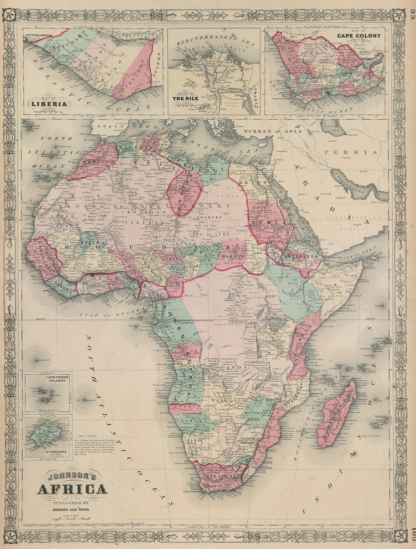 Johnson's Africa. Colonies & tribes. Liberia Nile Delta Cape Colony 1865 map: Johnson's Africa // Liberia, Delta of the Nile, Cape Colony, Cape Verde Islands, and St. Helena' by Johnson, Alvin Jewett. Published 1865. Large, decorative hand coloured 19th century atlas map. Size