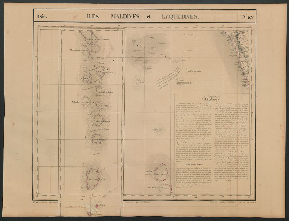 Asie. Iles Maldives Laquedives 107 India Kerala Laccadives VANDERMAELEN 1827 map: Asie - Iles Maldives et Laquedives [Maldives] - No. 107. The coast of Kerala between Cochin and Kannur, and the Laccadive & (mostly inset) Maldive islands. Includes note: Maldivea . Philippe Marie