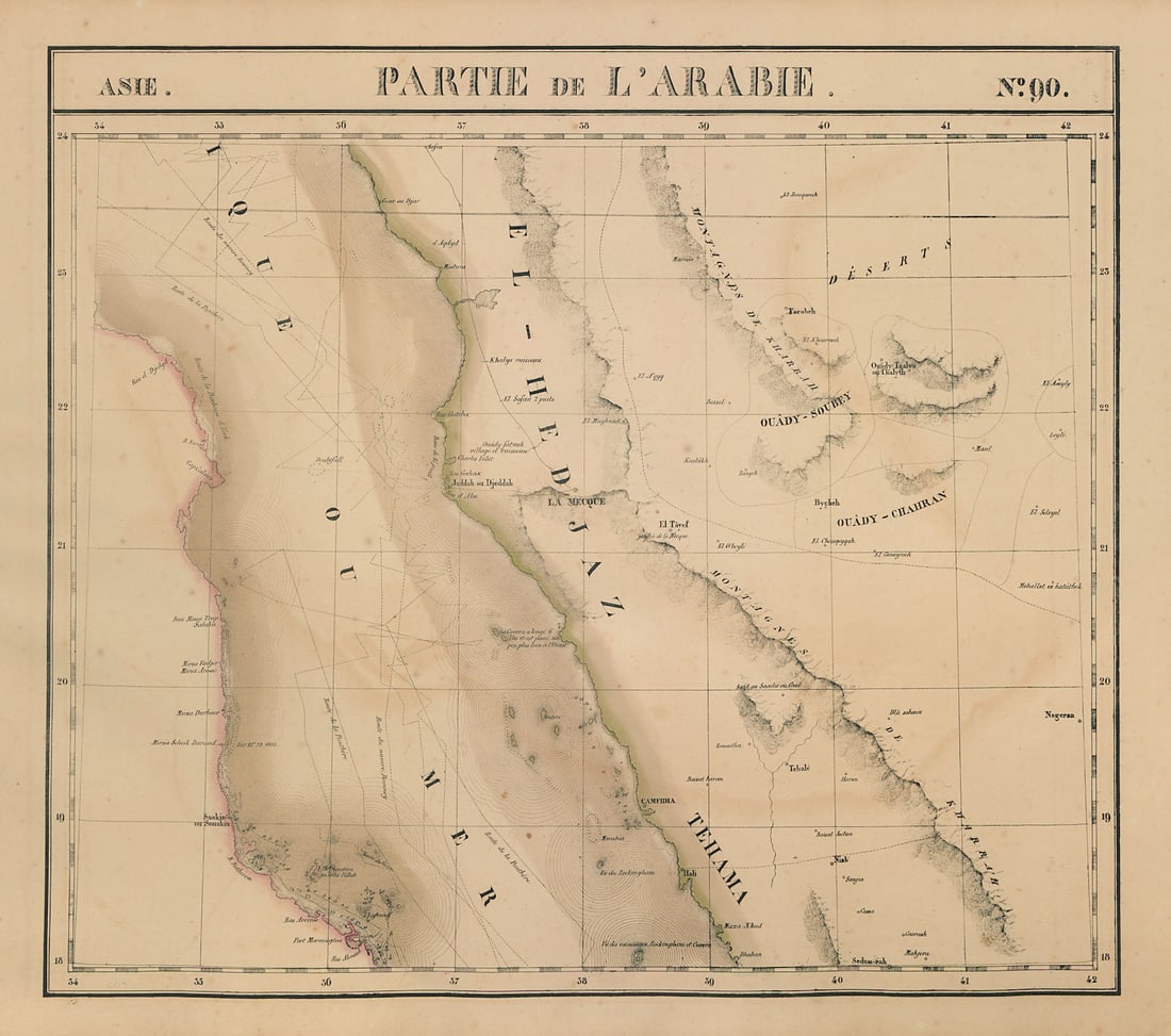 Asie. Partie… Arabie #90 Red Sea Sudan Egypt Saudi Arabia VANDERMAELEN 1827 map: Asie - Partie de l'Arabie - No. 90'. The central Red Sea with the adjacent coasts of Sudan and southeastern Egypt, and western Saudi Arabia. Shows explorers' routes in the Red Sea . Philippe Marie Gui