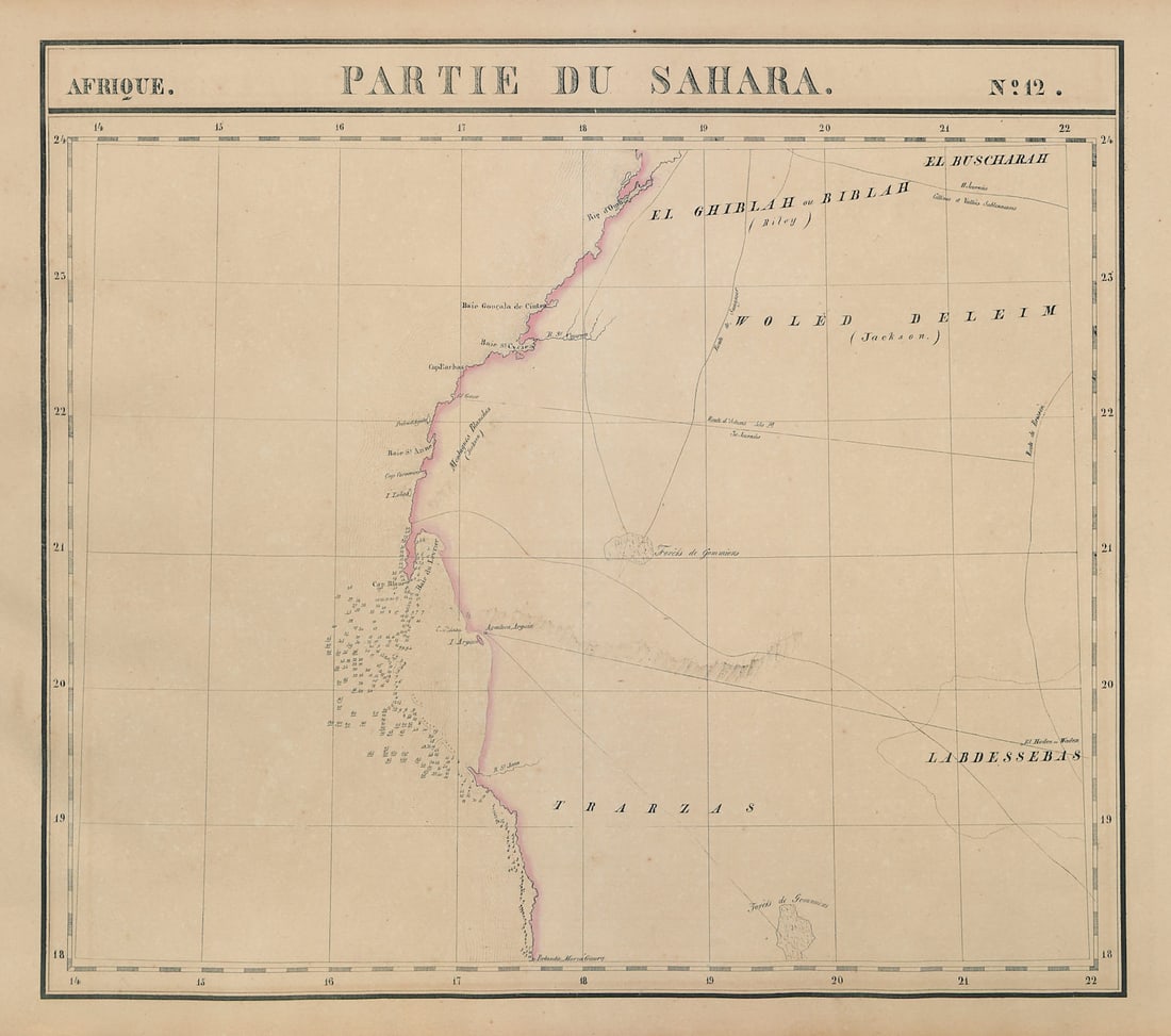 Afrique. Partie du Sahara #12. Mauritania. Western Sahara. VANDERMAELEN 1827 map: Afrique - Partie du Sahara - No. 12'. Northern Mauritania & southern Western Sahara between Dakhla and Nouakchott . Philippe Marie Guillaume Vandermaelen. Lithography by Henri Ode. Published 1827.