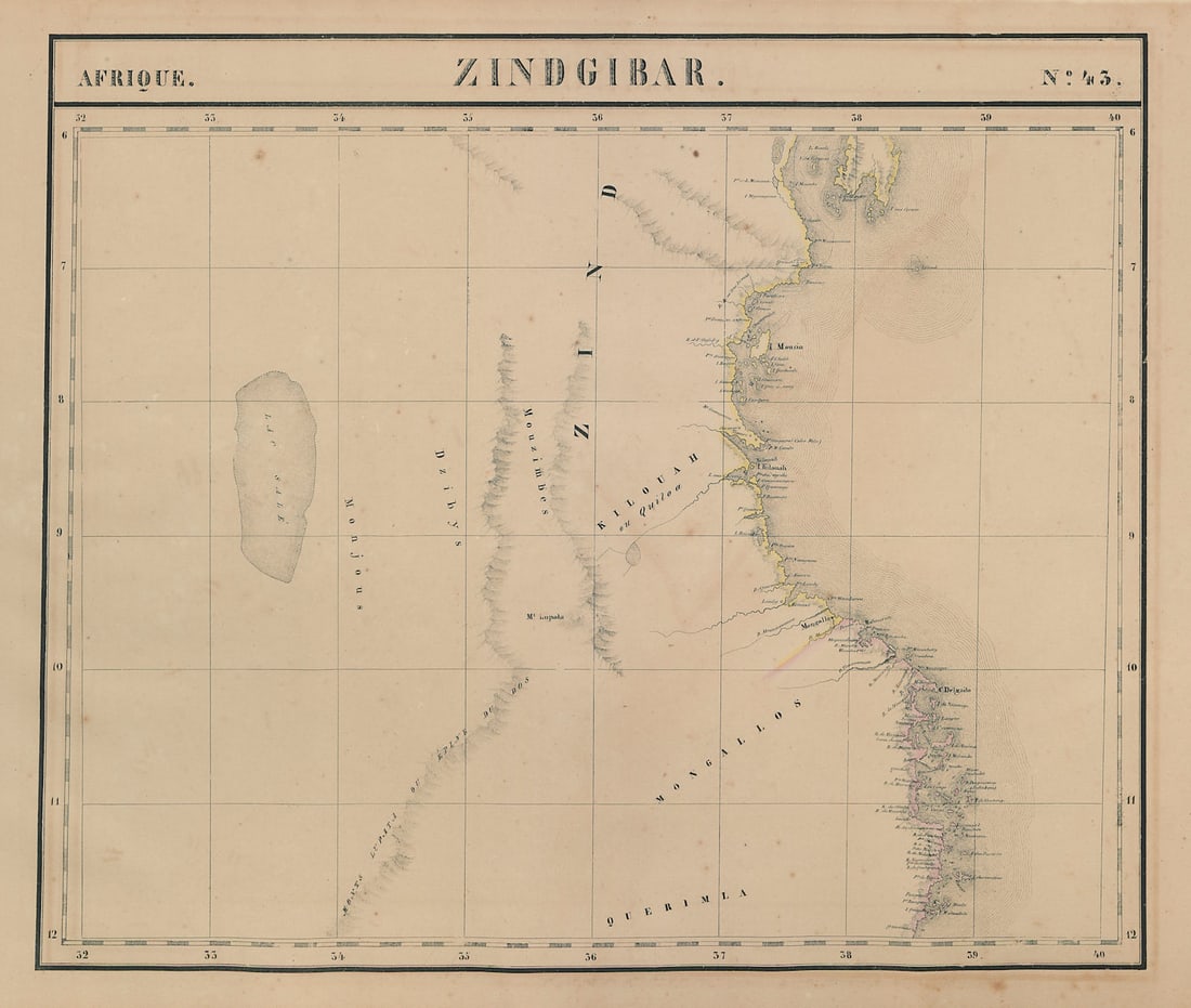 Afrique. Zindgibar #43. Tanzania & northern Mozambique. VANDERMAELEN 1827 map: Afrique - Zindgibar - No. 43'. Tanzania coast from Zanzibar southwards including Mafia Island, and the northern Mozambique coast south to Quirimbas . Philippe Marie Guillaume Vandermaelen. Lithography