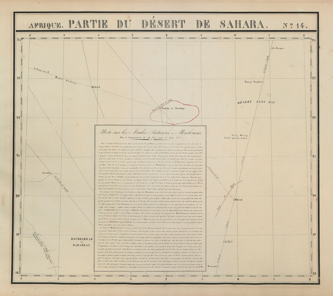 Afrique. Partie du Désert de Sahara #14. Algeria Mali. VANDERMAELEN 1827 map: Afrique - Partie du Désert de Sahara [Note sur les Arabes Bédouins ou Monslemines] - No. 14. The Sahara Desert in Southern Algeria & northern Mali . Philippe Marie Guillaume