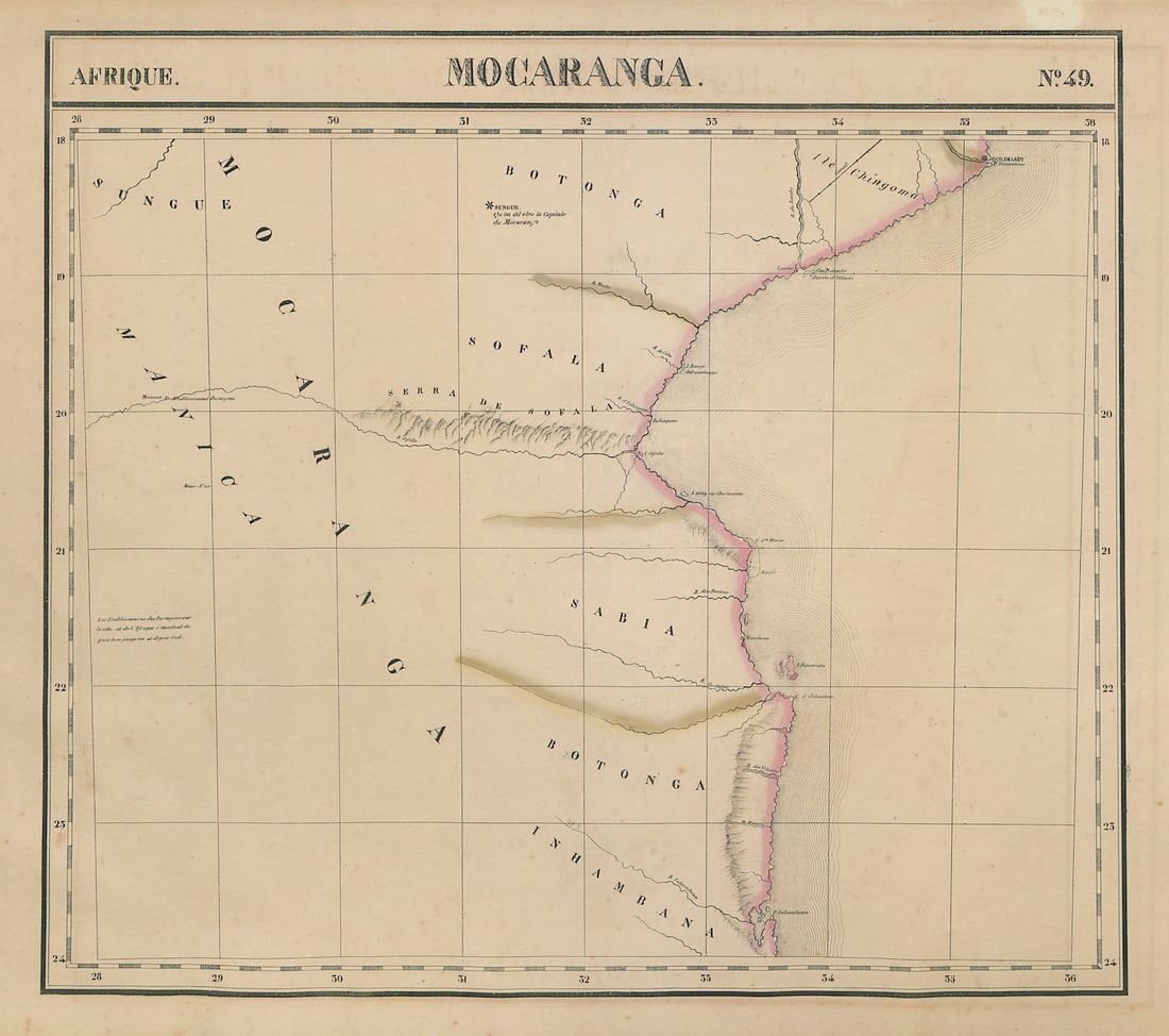 Afrique. Mocaranga #49 Southern Mozambique coast. Bazaruto VANDERMAELEN 1827 map: Afrique - Mocaranga - No. 49'. The coast of Mozambique between Quelimane and Inhambane, including the Bazaruto archipelago . Philippe Marie Guillaume Vandermaelen. Lithography by Henri Ode. Published
