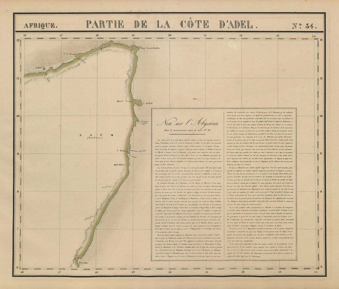 Afrique Partie de la Côte d'Adel 34 Somalia Horn of Africa VANDERMAELEN 1827 map: Afrique - Partie de la Côte d'Adel - No. 34'. Eastern Somalia. The Horn of Africa . Philippe Marie Guillaume Vandermaelen. Lithography by Henri Ode. Published 1827. Antique folio-sized