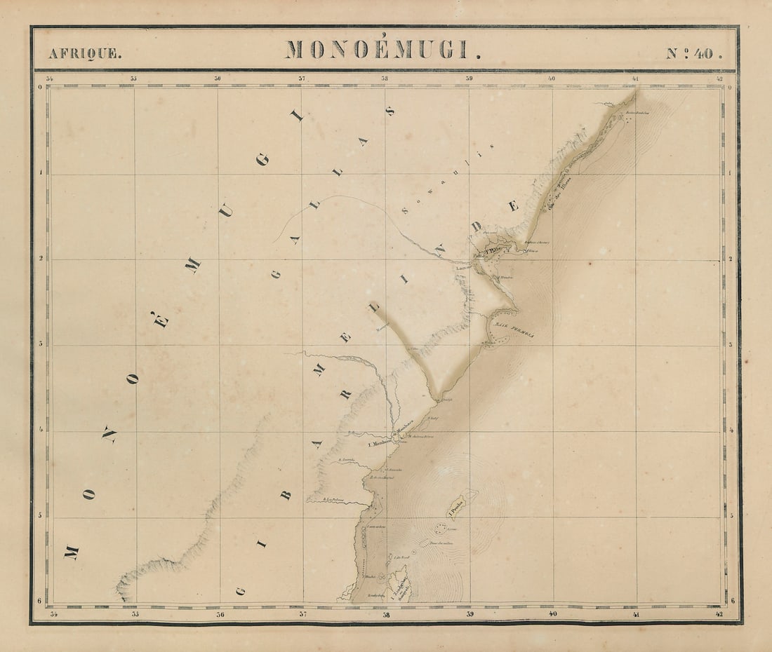 Afrique. Monoémugi #40 Kenya, Northern Tanzania & Zanzibar VANDERMAELEN 1827 map: Afrique - Monoémugi - No. 40'. The coast of Kenya and northern Tanzania as far south as Zanzibar, including Pemba Island . Philippe Marie Guillaume Vandermaelen. Lithography by Henri Ode. Publish