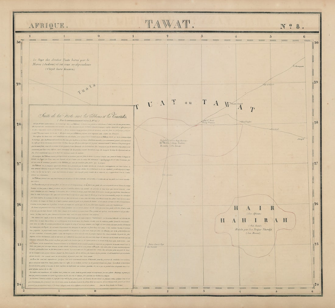 Afrique. Tawat #8. Tuat Oases, central Algeria. VANDERMAELEN 1827 old map: Afrique - Tawat [Suite de la note sur les Tibbous et les Touariks] - No. 8. Central Algeria showing Saharan caravan routes. Region of the Tuat Oases. . Philippe Marie Guillaume Vandermaelen. Lithograp