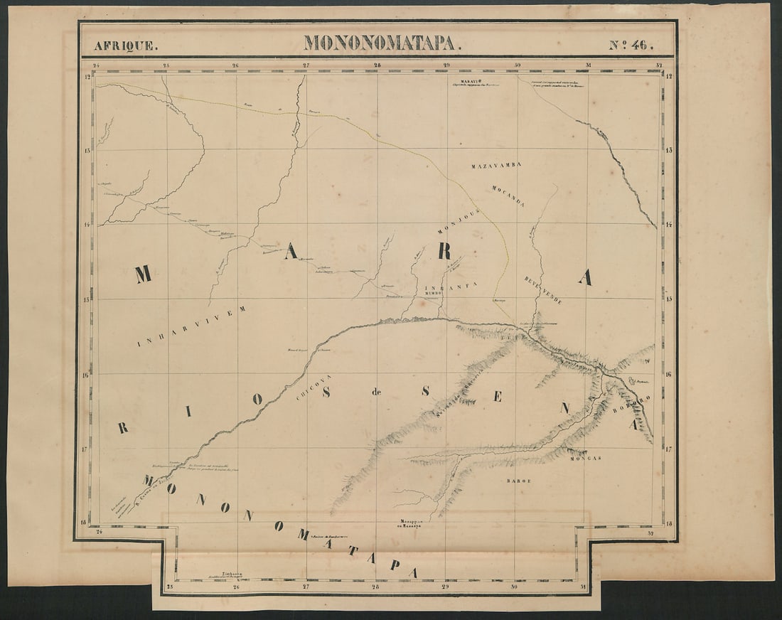 Afrique Mononomatapa 46 Zambezi Zambia Zimbabwe Mozambique VANDERMAELEN 1827 map: Afrique - Mononomatapa - No. 46'. Eastern Zambia, northwestern Mozambique, and northern Zimbabwe, showing the course of the Zambezi River . Philippe Marie Guillaume Vandermaelen. Lithography by Henri