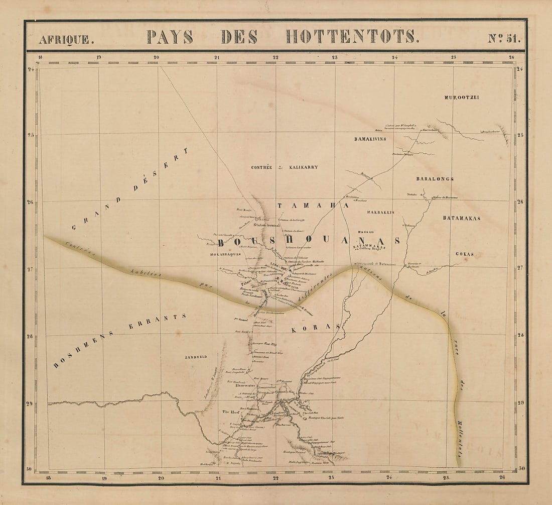 Afrique. Pays des Hottentots #51. Botswana South Africa. VANDERMAELEN 1827 map: Afrique - Pays des Hottentots - No. 51'. Southern Botswana and northern South Africa including the Kalahari Desert, and the course and confluence on the Orange and Vaal rivers through Northern Cape, O