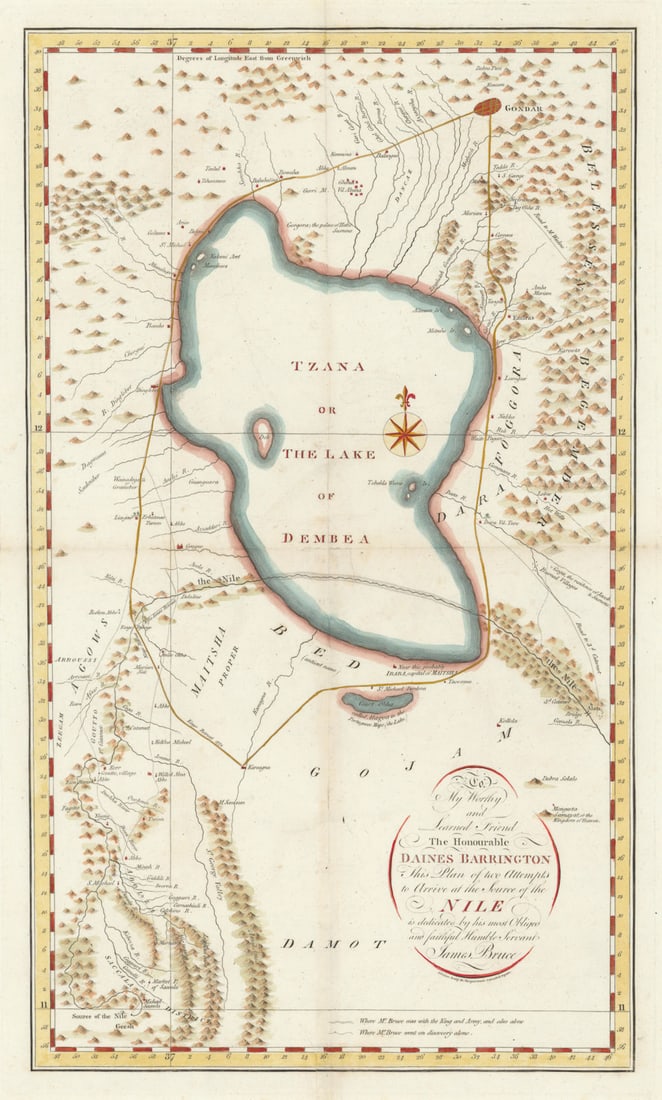Plan of two attempts to arrive at the source of the Nile by James Bruce 1804 map: To My Worthy and Learned friend The Honourable Daines Barrington This plan of two attempts to arrive at the source of the Nile is dedicated by his most Obliged and faithful Humble servant James Bruce