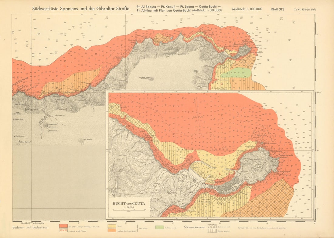 Northern Morocco coast. Tanger Ceuta Bay. KRIEGSMARINE Nazi map 1943 old: Blatt 313. Bodenart und Bodenhärte. Steinvorkommen. Südküste Spaniens und die Guibraltar-Straße. Pt. Al Boassa - Pt. Kabuli - Pt. Leona - Ceuta-Bucht - Pt. Almina (mit Plan von Ceu