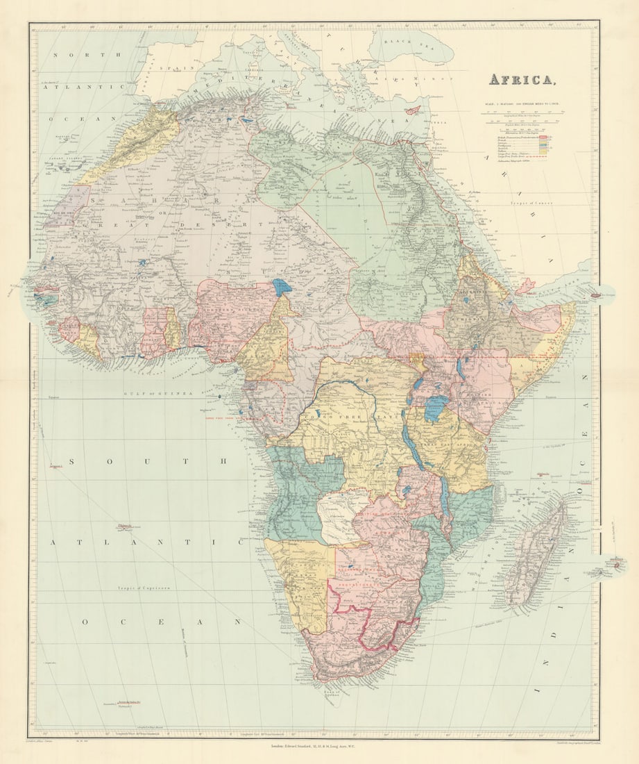 Africa. Congo Free Trade Area. British South Africa Company. STANFORD 1904 map: Africa'. Stanford's Geographical Establishment. Published 1904. Large (folio) antique atlas map. Size 64 x 54 cm | 25.0 x 21.0 inches. Condition: Good; suitable for framing. The image shown may have b