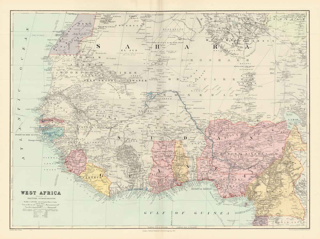 West Africa showing British Possessions. Nigeria Gold Coast. STANFORD 1904 map: West Africa, showing the British Possessions'. Stanford's Geographical Establishment. Published 1904. Large (folio) antique atlas map. Size 52 x 70 cm | 20.5 x 27.5 inches. Condition: Good; suitable f