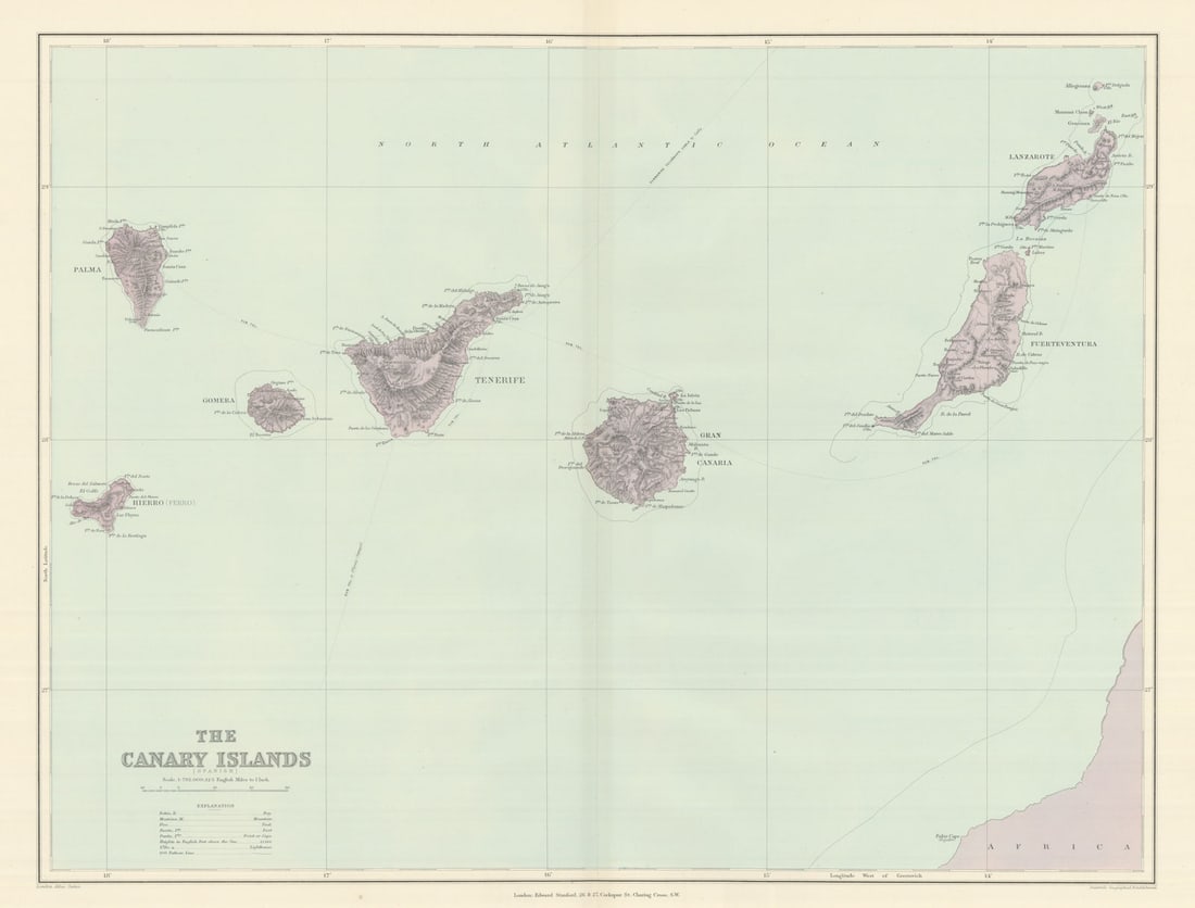 Canary Islands. Tenerife Gran Canaria Lanzarote. 50x65cm. STANFORD 1894 map: The Canary Islands (Spanish)'. Stanford's Geographical Establishment. Published 1894. Large (folio) antique atlas map. Size 50 x 66 cm | 19.5 x 26.0 inches. Condition: Good; suitable for framing. The