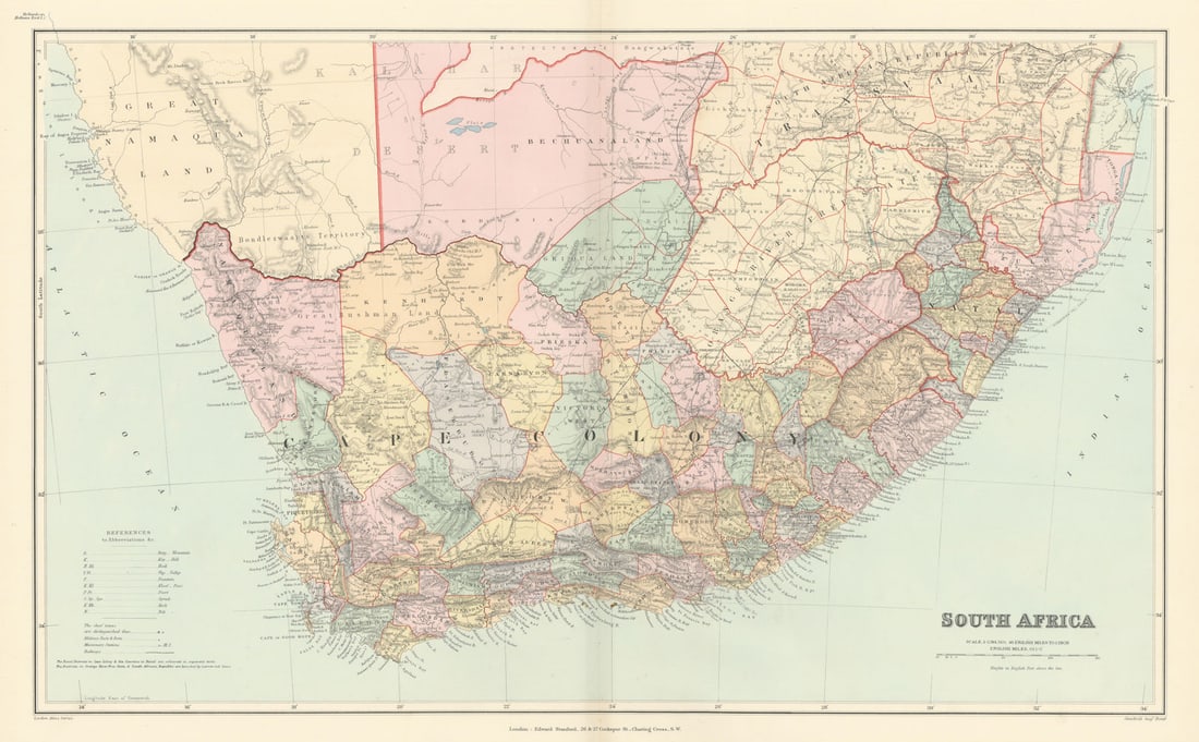 Cape Colony, Natal & Orange River Colony. South Africa 44x70cm STANFORD 1896 map: South Africa'. Stanford's Geographical Establishment. Published 1896. Large (folio) antique atlas map. Size 43 x 70 cm | 16.5 x 27.5 inches. Condition: Good; suitable for framing. The image shown may