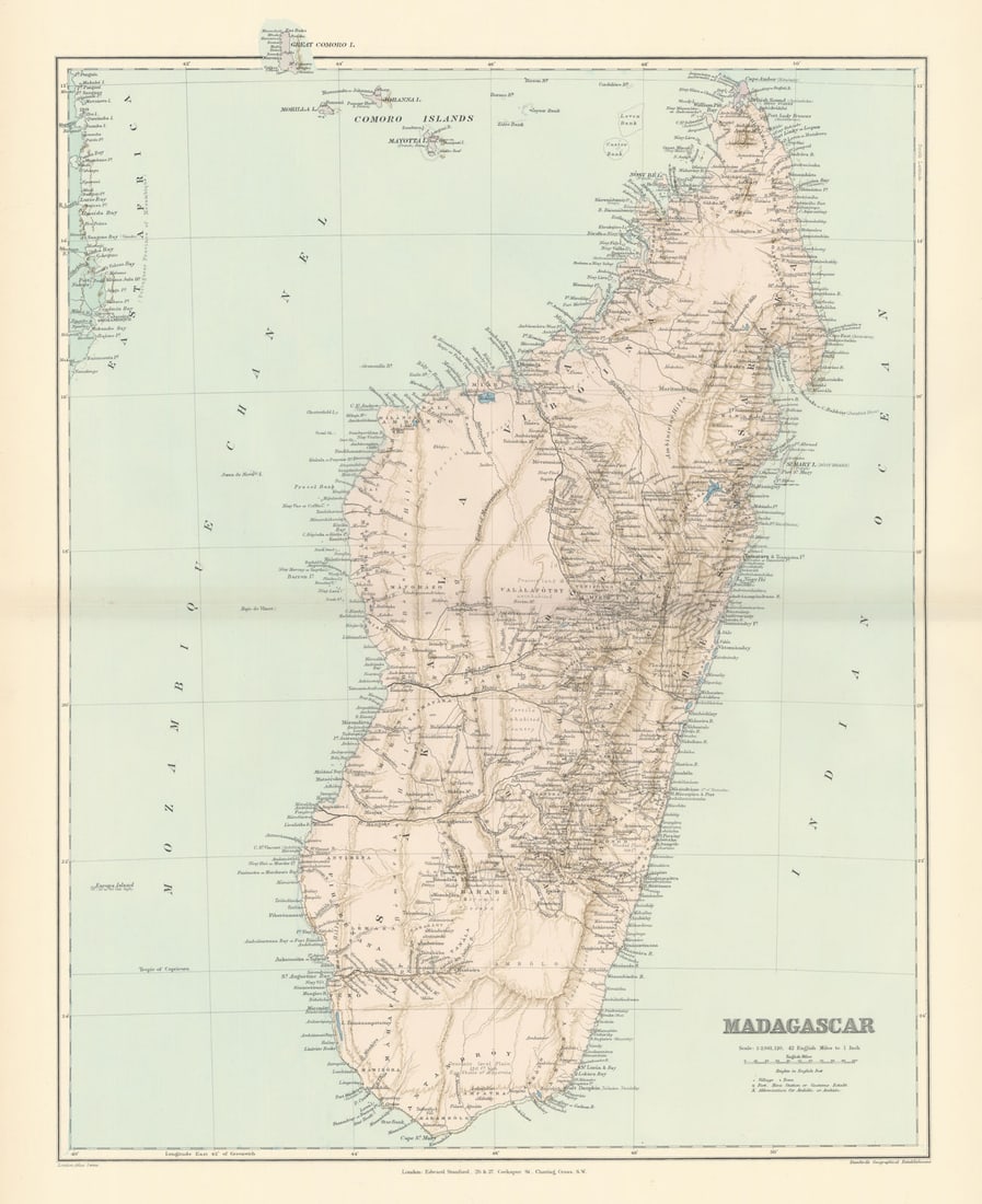 Madagascar, Comoros & Mayotte. Mozambique coast. 50x64cm STANFORD 1896 old map: Madagascar'. Stanford's Geographical Establishment. Published 1896. Large (folio) antique atlas map. Size 65 x 52 cm | 25.5 x 20.5 inches. Condition: Good; suitable for framing. The image shown may ha