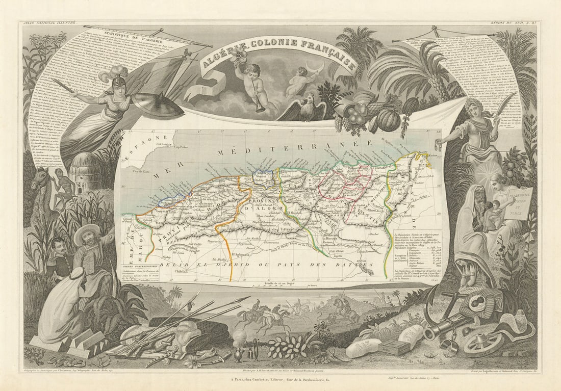 ALGERIE. Algeria. Decorative antique map/carte by Victor LEVASSEUR 1856: Algerie' by Levasseur, Victor. Published 1856. Antique steel engraved map with outline hand colour (color) applied at the time of printing. Wide margins. Size 30 x 44 cm | 11.5 x 17.0 inches. Conditio