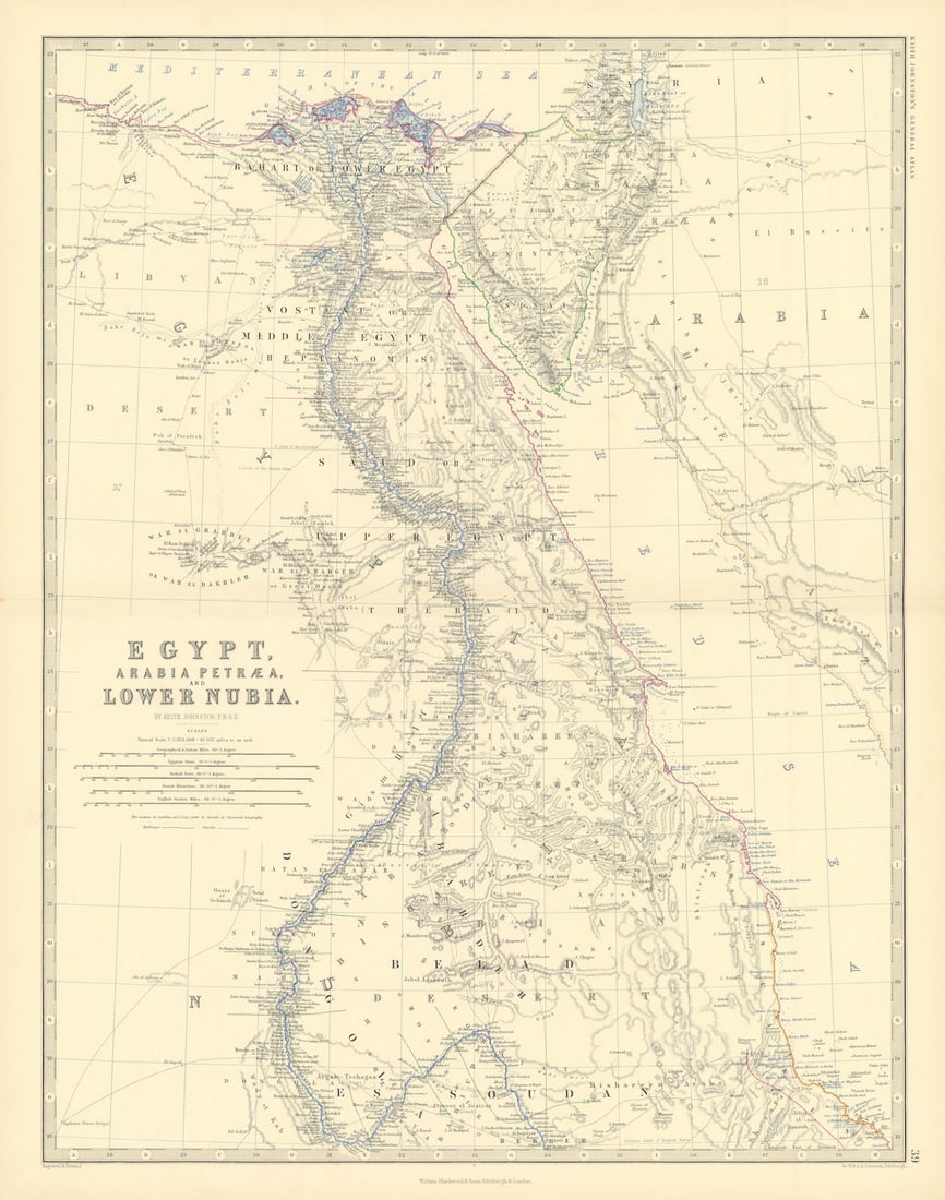 Egypt, Arabia Petraea & Lower Nubia. Nile valley. 50x60cm. JOHNSTON 1876 map: Egypt, Arabia Petraea, and Lower Nubia'. Alexander Keith Johnston. Published 1876. Large, folio antique nineteenth century atlas map. Size 60 x 48 cm | 23.5 x 18.5 inches. Condition: Good; suitable fo