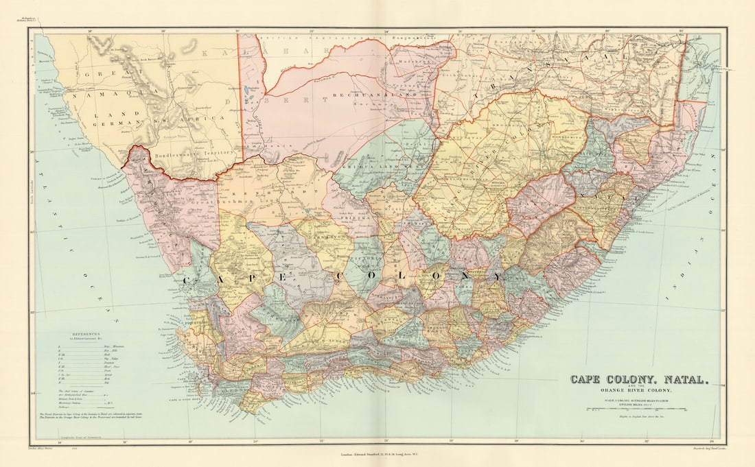 Cape Colony, Natal & Orange River Colony. South Africa 44x70cm STANFORD 1904 map: Cape Colony, Natal and the Orange River Colony'. Stanford's Geographical Establishment. Published 1904. Large (folio) antique atlas map. Size 44 x 70 cm | 17.5 x 27.5 inches. Condition: Good; suitable