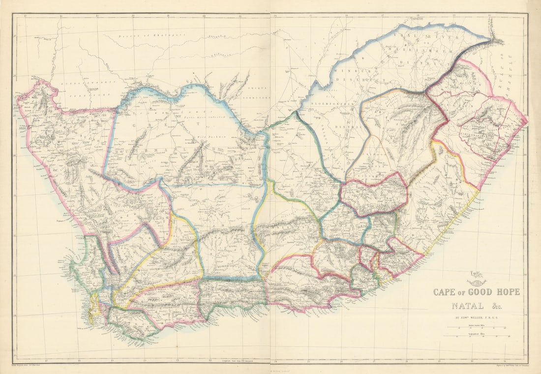 CAPE OF GOOD HOPE/NATAL Districts municipalities. South Africa. WELLER 1863 map: Cape of Good Hope Natal &c.'. Engraved by Edwd. Weller. Published 1863. Antique map with original outline colour. Size 45 x 66 cm | 17.5 x 26.0 inches. Condition: Good; suitable for framing. Tight