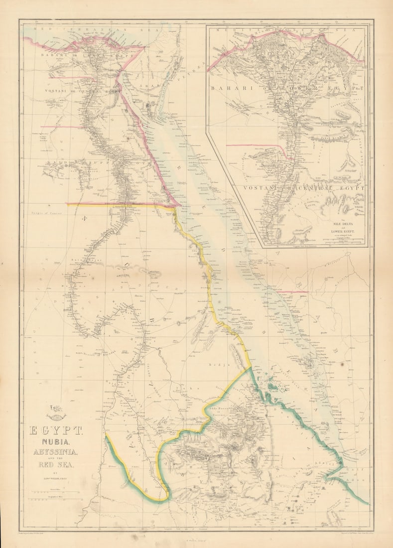 Egypt, Nubia, Abyssinia and the Red Sea'. Nile valley & delta. WELLER 1863 map: Egypt, Nubia, Abyssinia and the Red Sea; Inset map of The Nile Delta and Lower Egypt'. Engraved by Edwd. Weller. Published 1863. Antique map with original outline colour. Size 62 x 44 cm | 24.5 x 17.5
