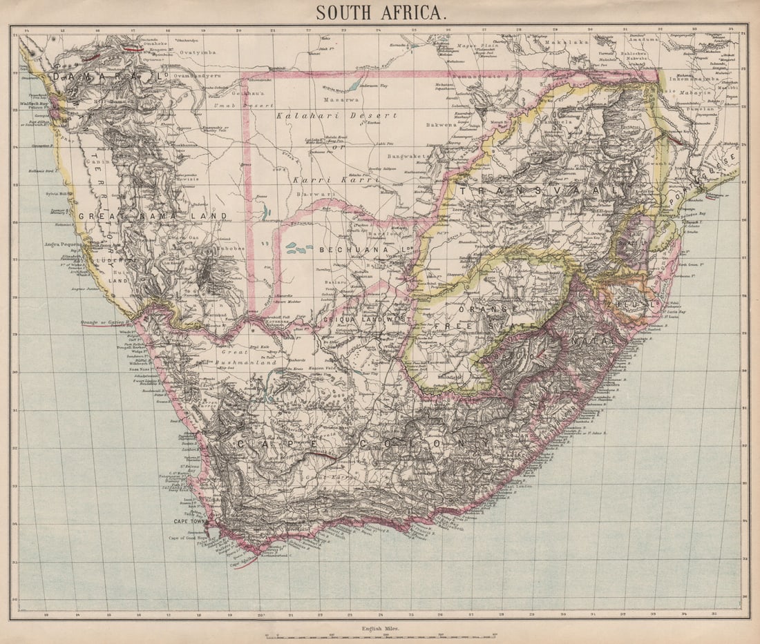 SOUTH AFRICA. Cape Colony Orange Free State Transvaal Nama Land. LETTS 1889 map: South Africa'. Published by Mason & Payne. Most of the plates used for this atlas were original engraved for the SDUK atlas in the mid nineteenth century. The plates were later sold to Thomas Letts, a