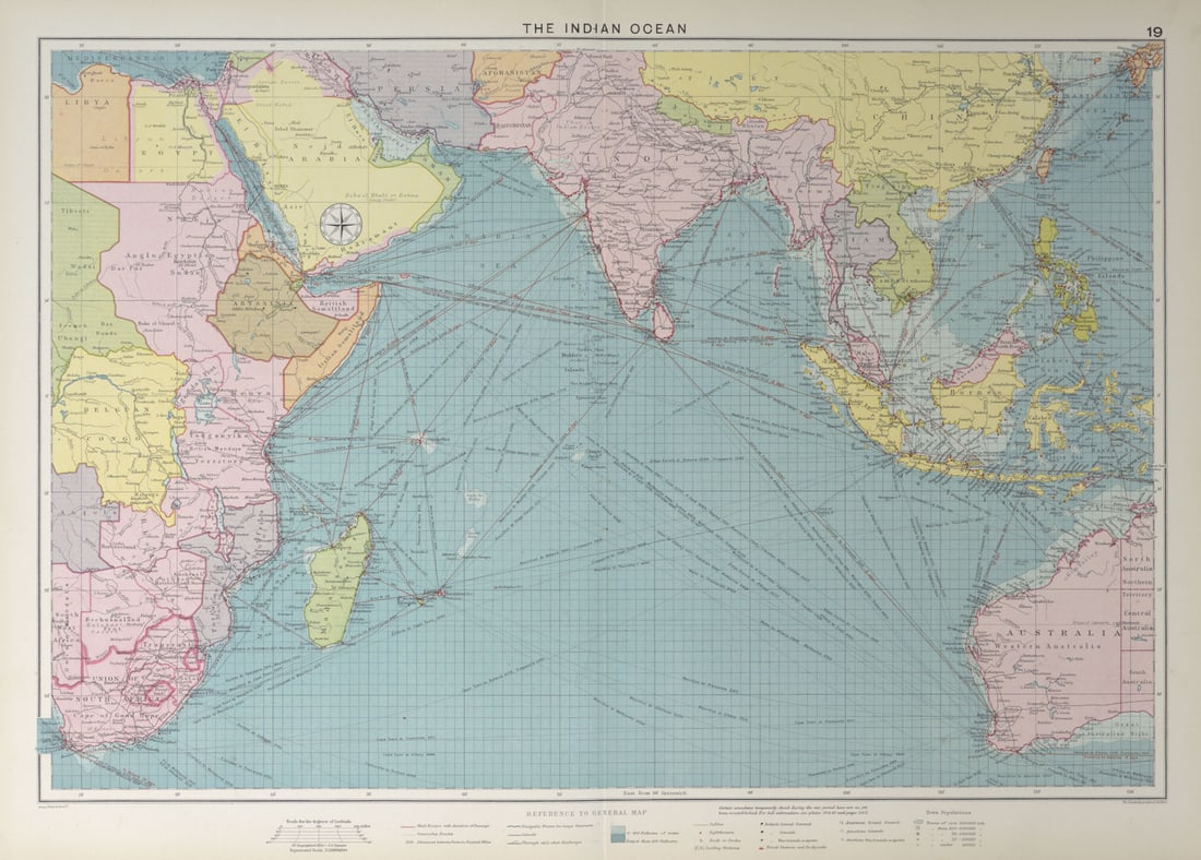 Indian Ocean sea chart. Ports lighthouses mail routes dockyards. LARGE 1927 map (1 of 1)