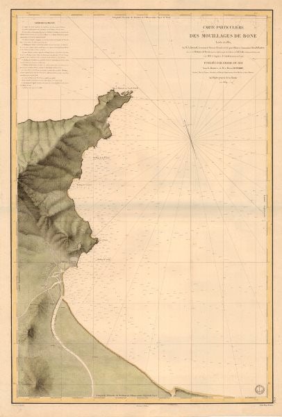 Carte Particulière des Mouillages de Bone' Dépôt de la Marine. Annaba 1834 map: Carte Particulière des Mouillages de Bone'. An antique French sea chart of the coastline around Annaba or Balad al-Unnâb, Algeria, formerly knowm as Bone . M.Auguste Bérard, M. Dortet d