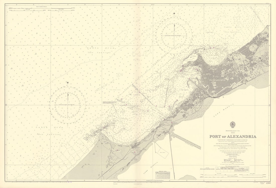 Port of Alexandria, Egypt. Mediterranean. ADMIRALTY sea chart 1940 (1956) map: Mediterranean Sea - Egypt - Port of Alexandria'. Surveyed by Commanders N.A.C. Hardy & A. Day R.N. assisted by Lieut. Commrs. W.H.D Dickinson & D.W. Deane R.N. 1935-1936. Inner, Outer and Eastern Harb