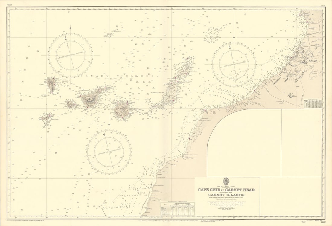 Canary Islands Morocco Western Sahara coast. ADMIRALTY sea chart 1898 (1956) map: Africa - West Coast - Cape Ghir to Garnet Head including the Canary Islands'. From Admiralty surveys between the years 1820 & 1838 with additions and corrections to 1952. Published 1898 (1956) - Surve