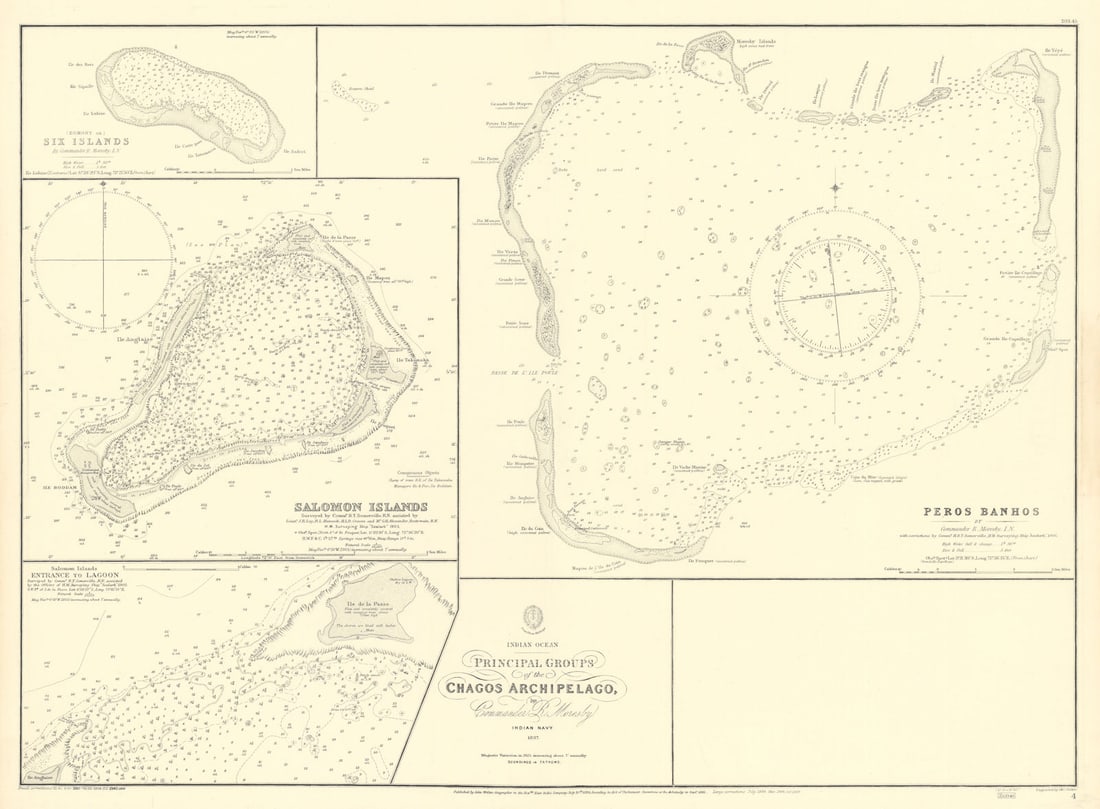 Chagos Islands Peros Banhos Egmont Salomon EAST INDIA CO. chart 1839 (1940) map: Indian Ocean - Principal Groups of the Chagos Archipelago // Peros Banhos // (Egmont or) Six Islands // Salomon Islands // Saloman Islands - Entrance to Lagoon'. Commander R. Moresby Indian Navy 1837.