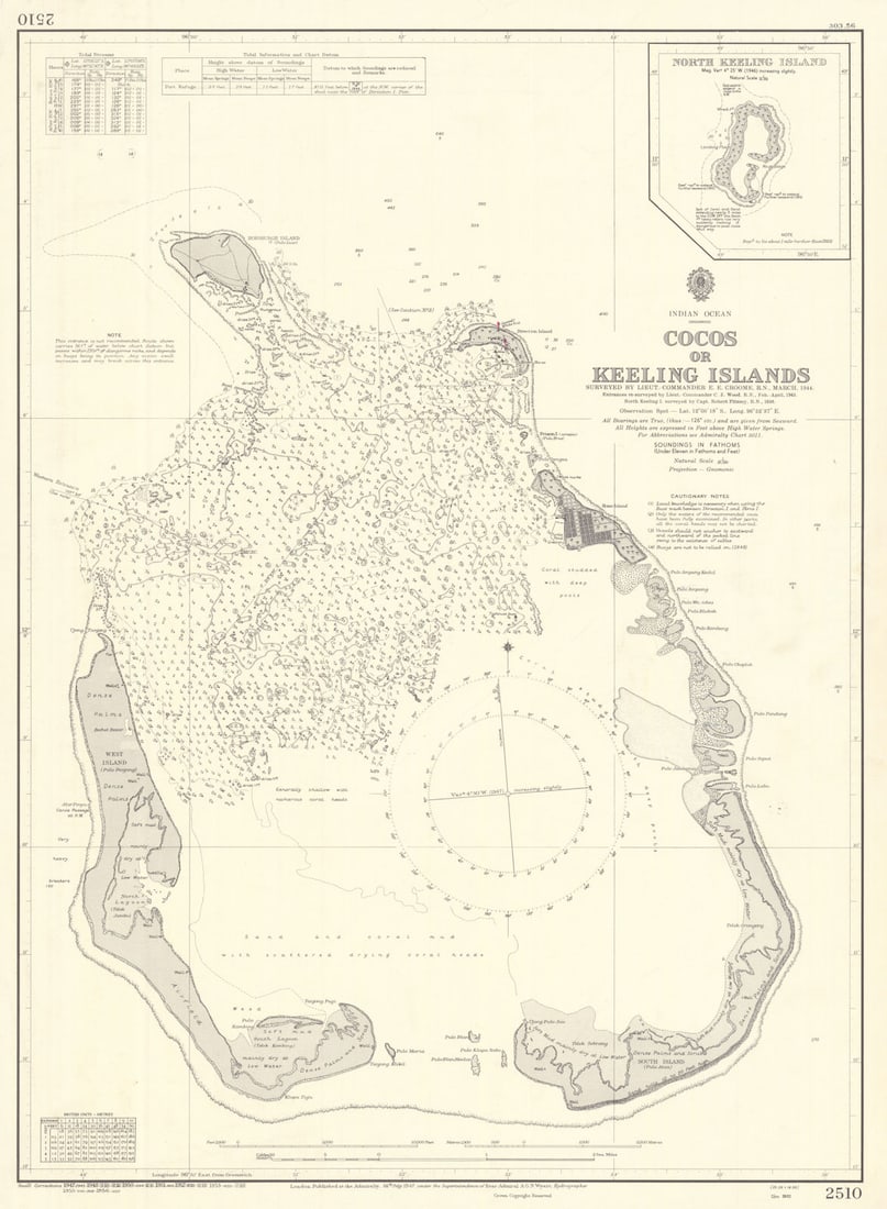 Cocos/Keeling Islands Indian Ocean Australia ADMIRALTY sea chart 1947 (1956) map: Indian Ocean - Cocos or Keeling Islands'. Surveyed by Lieut.-Commander E.E. Croome, R.N., March, 1944. Entrances re-surveyed by Lieut.-Commander C.J. Wood, R.N., Feb.-April, 1945. North Keeling I. sur