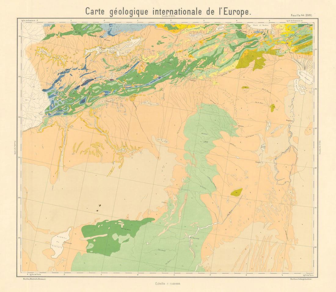 Geological map Algeria, including the Algerian Sahara desert. BEYSCHLAG 1905: Carte géologique internationale de l'Europe - Feuille 44 (BVII) - [Algeria, including the Algerian Sahara desert]. One of a series of geological map sheets together covering the continent of Euro