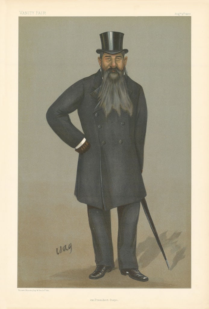 VANITY FAIR SPY CARTOON Martinus Theunis 'ex President Steyn'. South Africa 1900: Ex President Steyn [Mr Martinus (or Marthinus) Theunis Steyn]. STEYN Mr Martinus Theunis. Lawyer. Judge. Born Bloemfontein 1847. Educated Grey College. Of Dutch origin. Became President 1896. Top Hat.