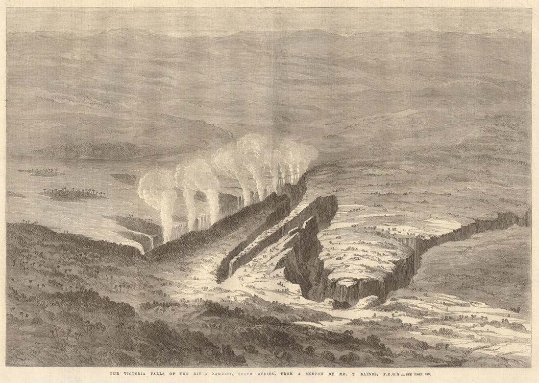 The Victoria Falls of the river Zambezi. Zambia. Zimbabwe 1866 old print: The Victoria Falls of the river Zambesi, South Africa, from a sketch by Mr. T. Baines, F.R.G.S.' by Illustrated London News. Published 20 October 1866. Antique wood-engraved print. Illustrated London