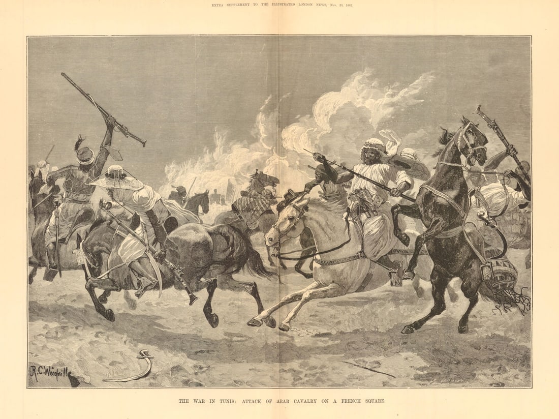 French Conquest of Tunisia. Tunis. Arab Cavalry attacking a French Square 1881: The War in Tunis: Attack of Arab Cavalry on a French Square' by Illustrated London News. Published 26 November 1881. Antique wood-engraved print. Illustrated London News double page from 26 November 1
