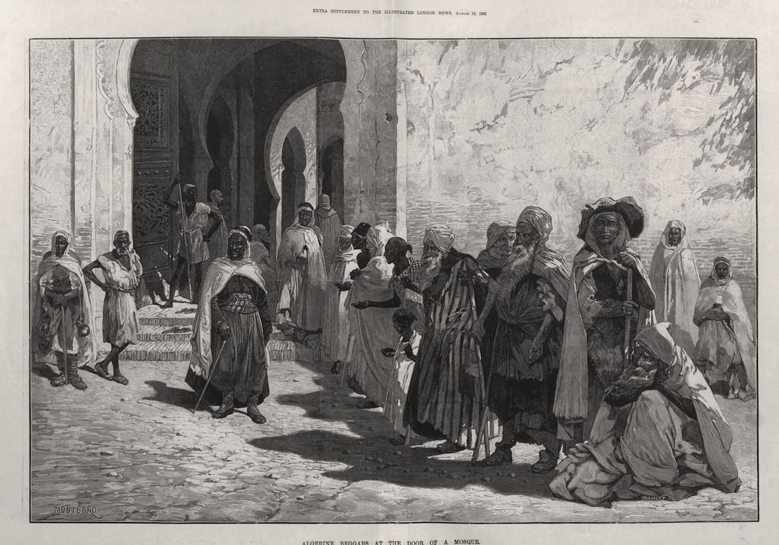 Algerine beggars at the door of a mosque. Portraits 1881 old antique print: Algerine beggars at the door of a mosque' by Illustrated London News. Published 13 August 1881. Antique wood-engraved print. Illustrated London News double page from 13 August 1881. Size 39 x 53 cm |
